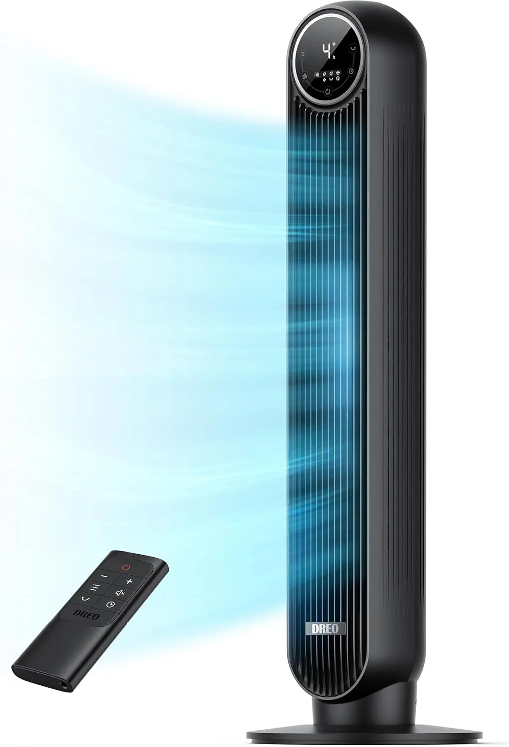 Maker product shot: the black DREO tower fan with its round LED display and the included remote control
