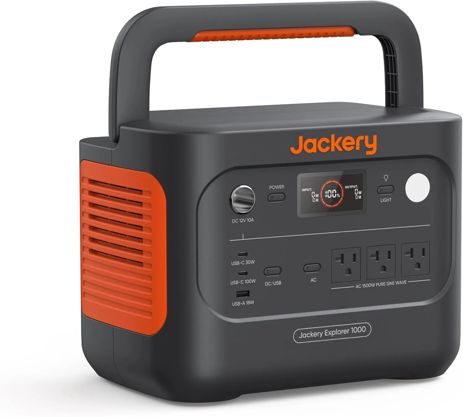 Maker product shot: the front panel of the Jackery Explorer 1000 v2 with its AC outlets, USB ports, car port, display, and light