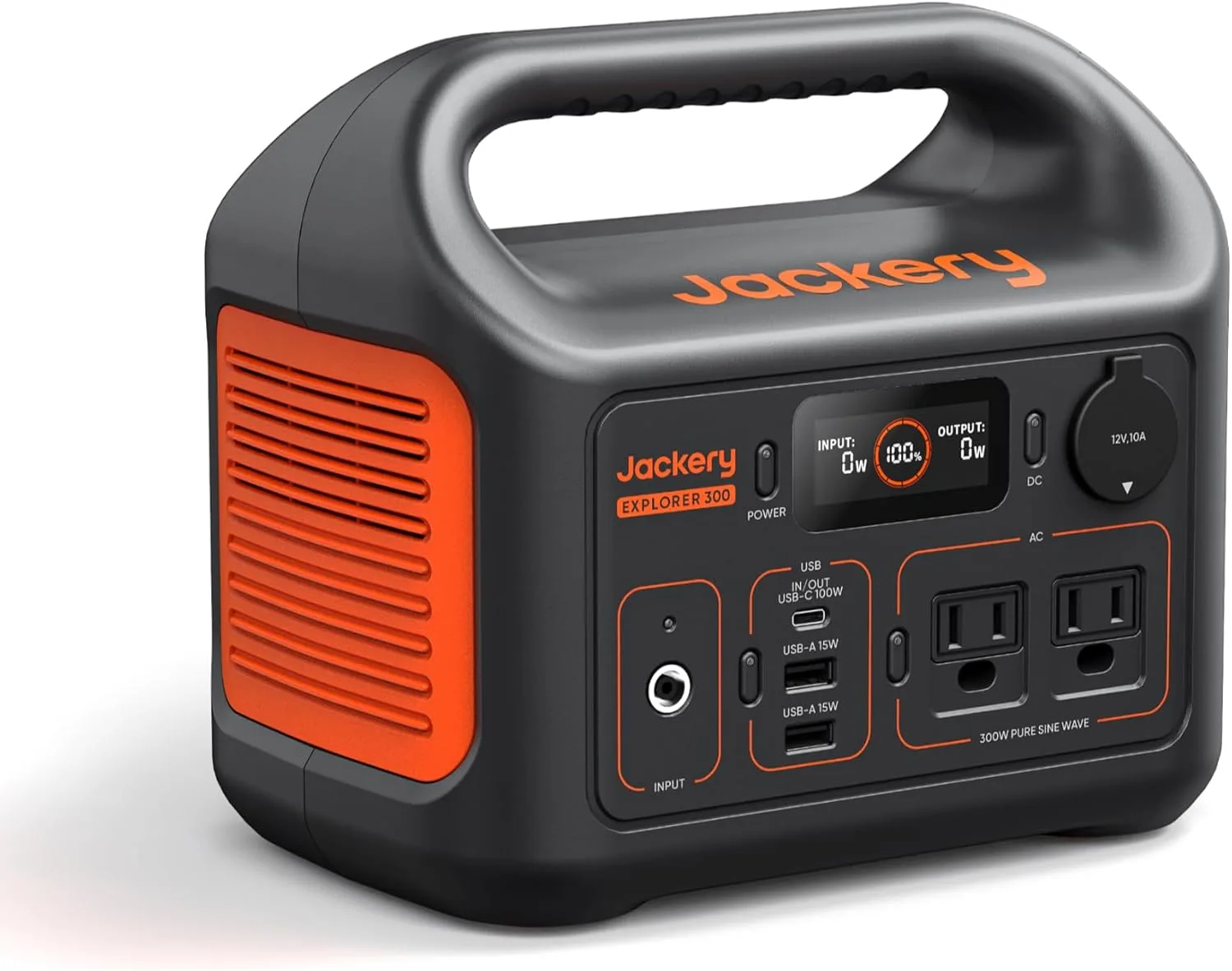 Maker product shot of the Jackery Explorer 300 front panel: two AC outlets, USB-C, two USB-A ports, car port and the charge display